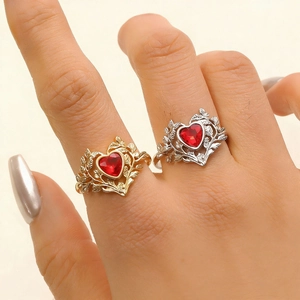 Adjustable copper rings with red heart zircon and rose leaf design in gold and silver