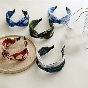 Detailed set of five vintage oil painting print wide headbands with cross knot design
