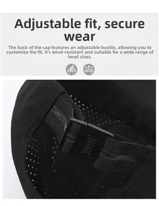 Detail of adjustable plastic buckle and breathable mesh on black summer baseball cap