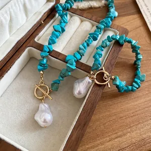 Ethic turquoise beaded necklace and bracelet set with baroque pearl and toggle clasp