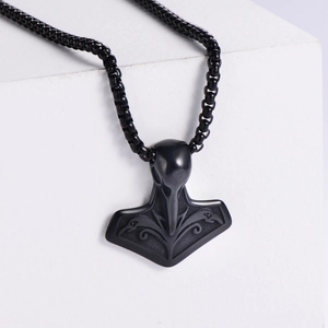 Matte black stainless steel Viking raven head and Mjolnir pendant necklace for men