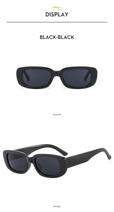 Front and 45-degree side views of black rectangular sunglasses with polarized lenses