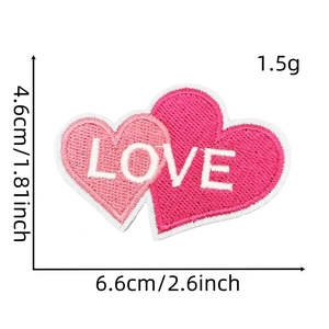 Pink and red heart-shaped embroidery patches with LOVE lettering and size dimensions