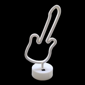 Close-up of violin neon light with white flexible tubing and a black power switch on base