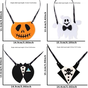 Size guide for Halloween pet bandanas featuring pumpkin ghost and skull felt designs