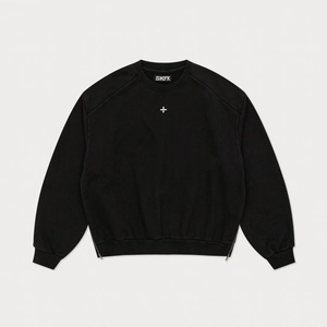 Black cotton crewneck sweatshirt with side metal zippers and white cross embroidery