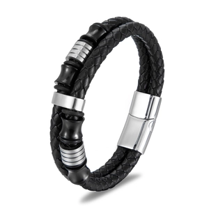Gevlochten herenarmband van zwart leer met een magnetische roestvrijstalen sluiting