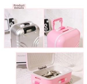Detailed views of mini suitcase piggy bank with retractable handle and coin slot