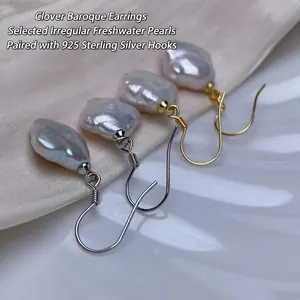 Baroque four leaf clover pearl earrings with S925 sterling silver hooks in gold and silver