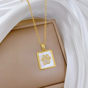 Elegant gold necklace with square shell pendant and sparkling diamond cat paw design