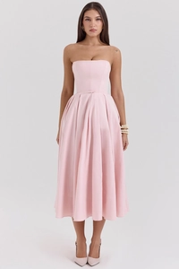Detail view of pink strapless midi dress with corset bodice and pleated A-line skirt