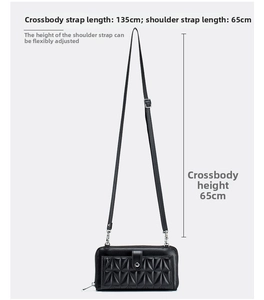 Technical diagram of quilted leather bag showing 135cm strap and 65cm vertical height