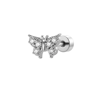 Silver butterfly cartilage piercing with micro-paved zircons and screw-back closure