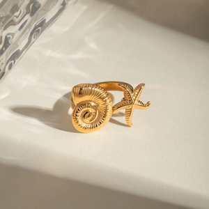 Stainless Steel Starfish Conch Open Ring For Women Summer Ocean Style Adjustable Gold Plated Minimalist Fashion Finger Ring