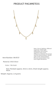 Detail view of S925 silver 18k gold necklace with mini geometric spikes and dimensions