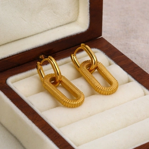 Elegant gold 18k titanium steel square chain earrings displayed in a luxury wooden box