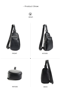 Multi-angle views of a black PU leather chest bag including front, side, and back shots