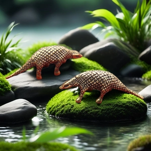 Antique brass pangolin figurine with detailed scales on a natural mossy stone background