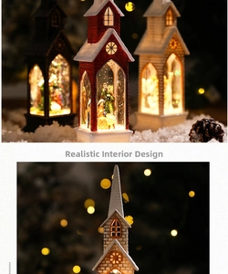 Macro detail of Christmas snow globe lanterns with warm lighting and church scenes