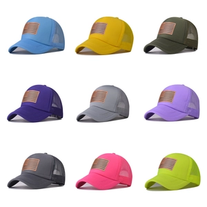 Breathable mesh trucker baseball caps with American flag patches in nine vibrant colors