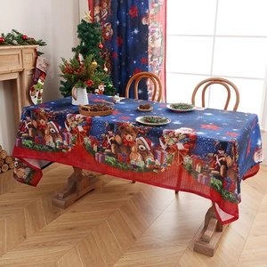 Detailed pattern of American Christmas tablecloth with teddy bears and nutcrackers