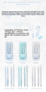 Detailed view of translucent fluorite style gel pens with 0.38mm and 0.5mm ST tips