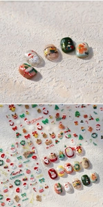 Macro detail of Christmas nail stickers with Santa, snowman and snowflake patterns