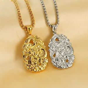 Dragon Pendant Necklace Stainless Steel 18K Gold Plated Double Sided Relief Vintage Chinese Style Unisex Jewelry