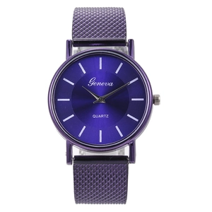 Close-up of purple quartz watch featuring a mesh strap and sunray texture dial