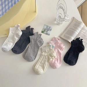 Women Low Cut Boat Socks Breathable Cotton Mesh Sweet Bowknot Embroidery Solid Color Shallow Mouth Invisible Hosiery