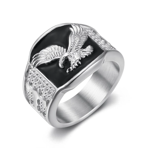 Mens stainless steel silver ring with black eagle relief and textured side details