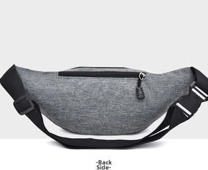 Detail view of the gray waist bag back with anti-theft zipper and adjustable buckle strap