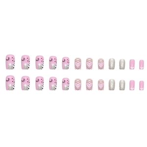 Sparkly pink glitter press-on nails set with heart patterns and polka dots