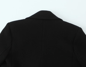 Close-up of black wool coat showing collar and shoulder stitching details on white background