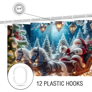 Detail view of reinforced metal grommets and white plastic hooks for Christmas shower curtain