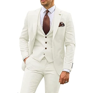Slim fit cream three-piece suit for men featuring jacket vest and trousers set