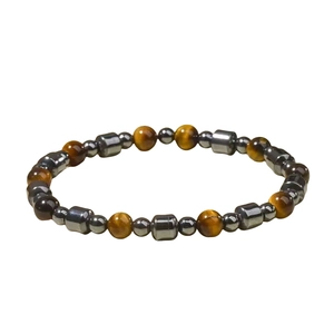Tiger eye and hematite beaded bracelet for men with brown stones and grey metallic beads