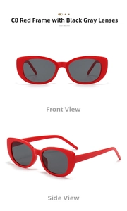 Detail view of red cat-eye sunglasses with grey lenses in front and side profiles