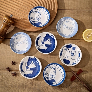 Ceramic Sauce Dish Japanese Style Cartoon Cat Pattern Dipping Plate Underglaze Color Seasoning Bowl For Home Kitchen