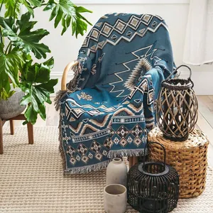 Bohemian Throw Blanket Polyester Cotton Geometric Pattern Reversible Jacquard Tassel Fringe Outdoor Camping Sofa Decor