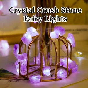 Natural Raw Crystal Stone LED String Lights Amethyst Rose Quartz Citrine Healing Stones Battery Powered Home Decor