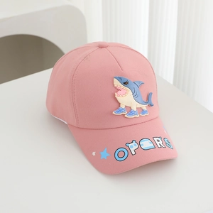 Pink kids baseball cap featuring a 3D cartoon shark and blue star embroidery on the brim