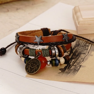 Retro multilayer Gemini leather bracelet with brown beads and bronze zodiac charm pendant
