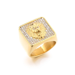 Gold square signet ring with 3D lion head emblem and sparkling rhinestones