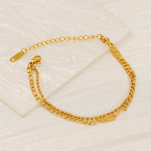 Minimalist double layer gold chain bracelet with feather pendant and K18 engraving