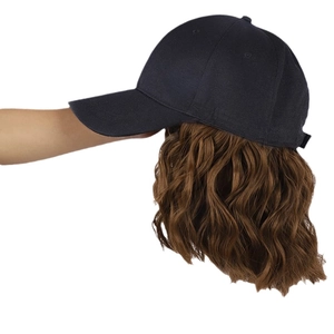 Black baseball cap with long brown wavy hair extension synthetic wig for women
