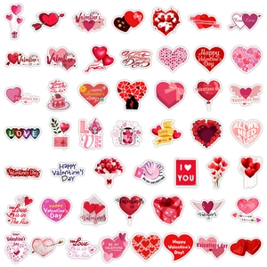 Detail of Valentine's Day heart stickers with romantic phrases for laptops and water bottles