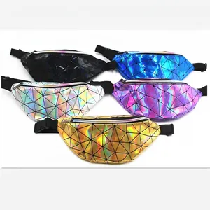 Geometric Holographic Laser PU Leather Waist Bag Women Fashion Adjustable Strap Chest Pack Reflective Crossbody Purse