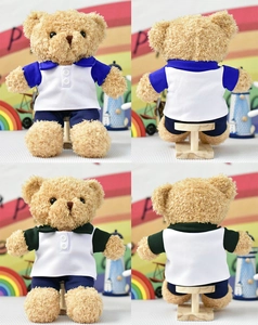Detailed four-way view showing front and back of teddy bear plush toy in colorful outfits