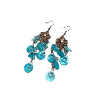 Vintage style butterfly blue drop earrings with turquoise leaves and antique bronze hardware